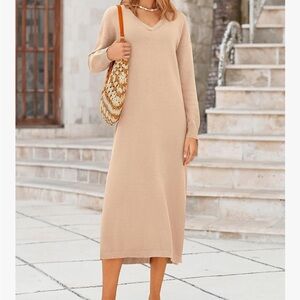Chic Beige Long Sleeve V-Neck Dress M